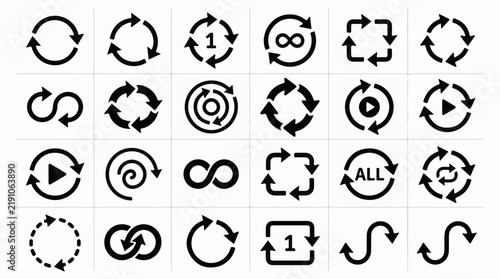 Collection of various black loop and recycle arrow icons