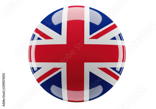 Shiny glossy sphere button with united kingdom flag symbol isolated on transparent background