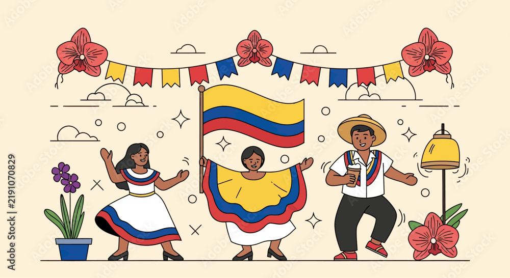 Fototapeta premium Colombia Independence Day dancers with flag and flowers.