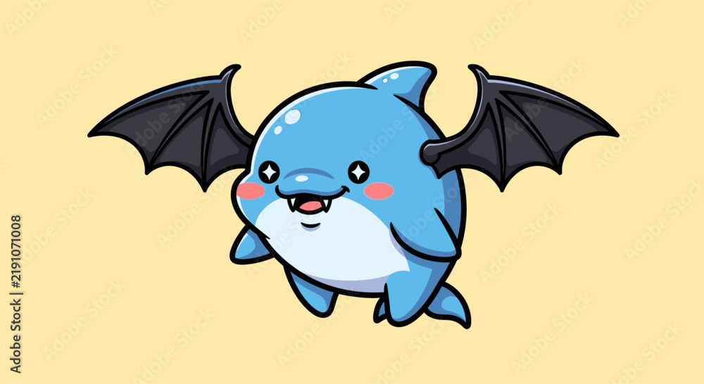 Fototapeta premium Cute blue shark character with black bat wings.