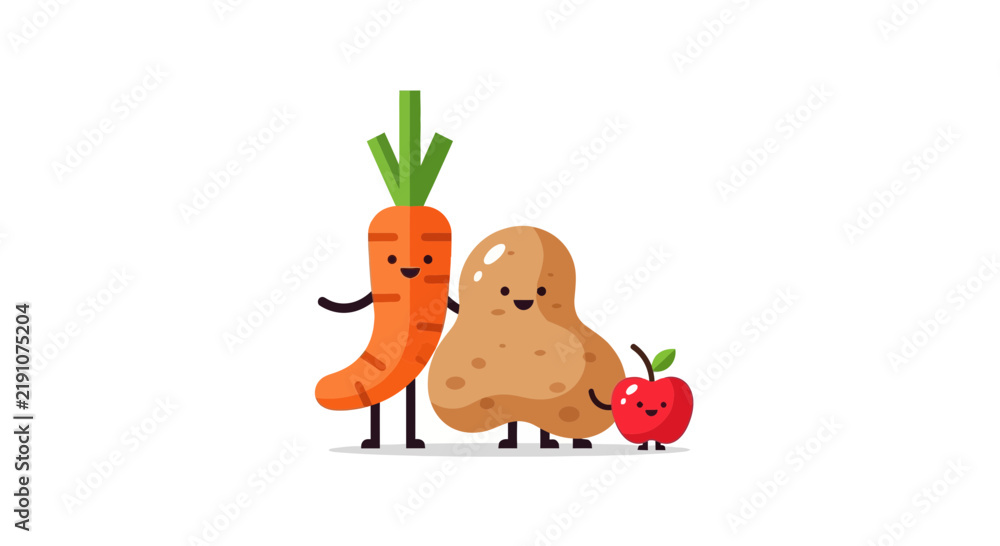 Fototapeta premium Cute Cartoon Carrot, Potato, and Apple Characters, Kawaii Healthy Food Illustration for Kids Nutrition and Organic Eating, Isolated on White