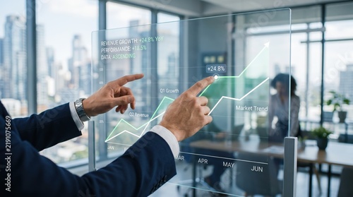 Business people interacting with transparent holographic display showing revenue growth chart and market trends in modern office with city skyline view through large windows