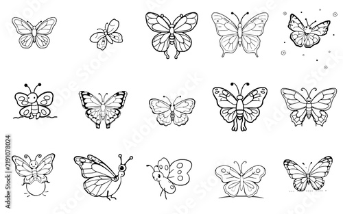 Cute Simple Butterfly Sitting - Bold Black Outline Easy Kids Coloring Page, No Shading, Single Character on White Background