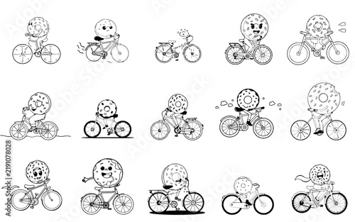 Cute Simple Donut Riding A Bicycle - Bold Black Outline Easy Kids Coloring Page, No Shading, Single Character on White Background