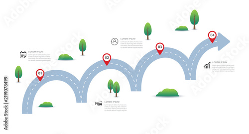 Business roadmap infographic template with 4 steps road concept presentation.