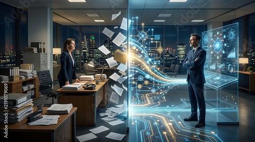 Digital Transformation Concept Showing Transition from Traditional Paperwork to Futuristic Holographic Office Automation