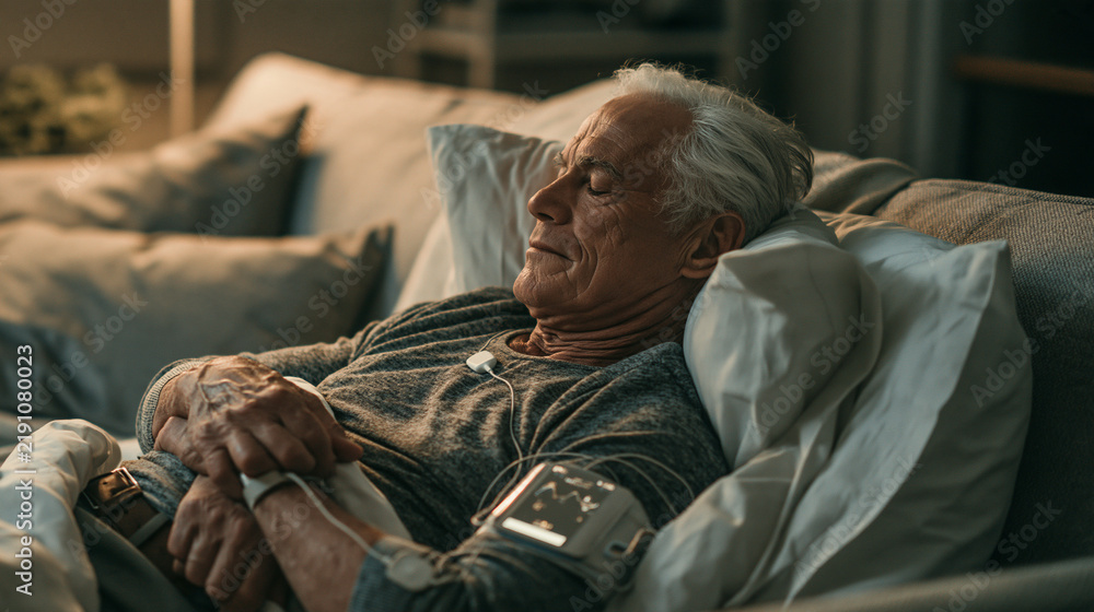 Fototapeta premium Senior man resting on a sofa with his eyes closed while wearing wearable health monitoring devices and a connected sensor unit at home