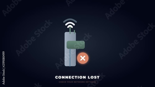 Connection lost error message illustration with stylized wireless router icon and network signal alert on dark background for user interface troubleshooting and digital system failure concepts.