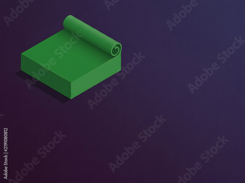 Green yoga mat rolled up on a dark purple background