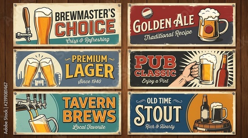 Set of six vintage style beer signs with illustrations of glassware and beverage taps on wood with taps arranged dark wooden background
