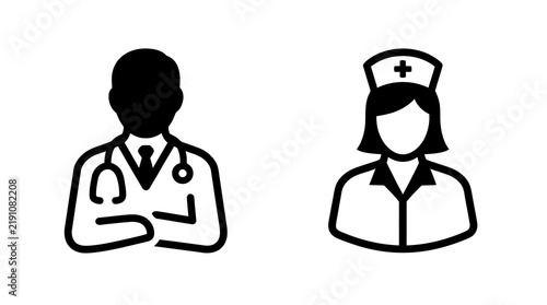 Fotografía Medical healthcare professional icons featuring male doctor with stethoscope and female nurse wearing traditional uniform for clinic or hospital department design