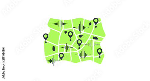 Abstract Map with Audio Waveforms and Location Pin Icons - Concept of Sound Mapping, Noise Monitoring, and Geolocation Data Illustration