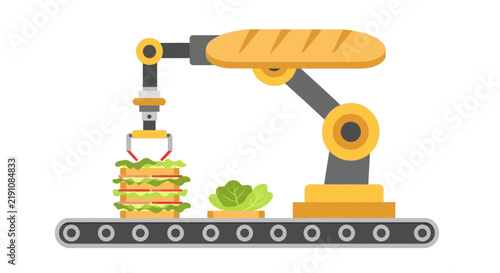 Automated Food Production Illustration: Robotic Arm Assembling a Sandwich on a Conveyor Belt, Smart Factory and Culinary Technology Concept