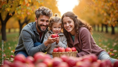 Happy family enjoying autumn apple harvest outdoors, smiling together in beautiful orchard with baskets of fresh red apples, colorful foliage and warm golden sunlight creating joyful scene