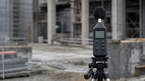 A sound level meter on a tripod measuring noise at a construction site with unfinished concrete structures in the background.