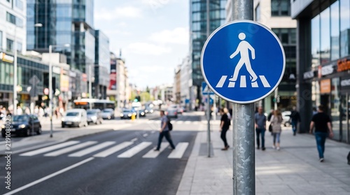 A blue pedestrian crossing sign stands on a sidewalk next to a busy city street with cars and pedestrians.