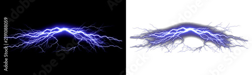 Fotografie Electric lightning strike, blue discharge spark, thunderbolt flash isolated on t