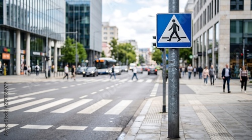 A pedestrian crossing sign stands prominently on a sidewalk next to a busy city street with traffic and pedestrians.