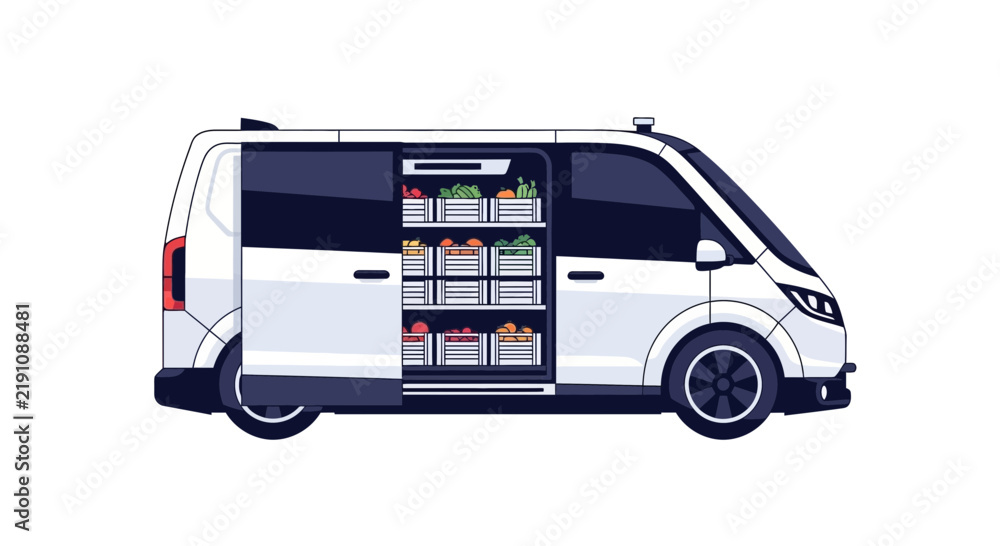 Fototapeta premium Modern White Delivery Van with Open Sliding Door Showing Crates of Fresh Organic Fruits and Vegetables, Mobile Grocery Service Concept Vector Illustration