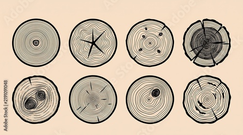 Set of eight circular wood log cross sections with natural grain patterns