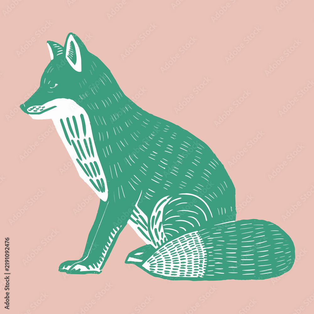Obraz premium Green fox vintage linocut illustration