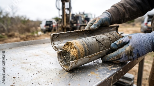 Geologist examining a soil core sample from a drilling rig at a field site
