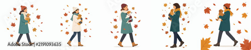 vector of a woman walking holding a pet dog in autumn
