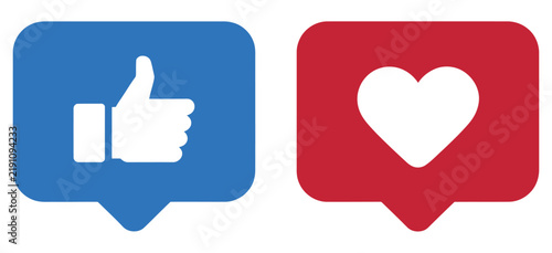 Like and love icon buttons with thumbs up and heart reactions in flat speech bubble shapes for social media posts