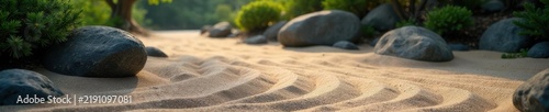 Raked sand pattern, dark stones, Japanese garden panorama, serenity, art, stones