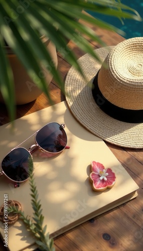 Summer travel essentials on wooden table, palm leaf shadow , table, tickets