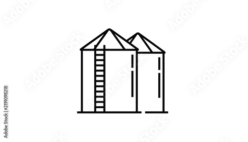 Minimalist black outline illustration of two industrial agricultural grain storage silos on a white background.