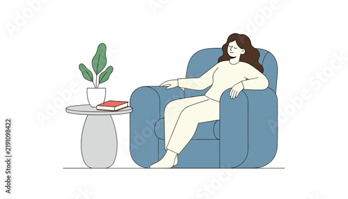 Calm woman sleeping peacefully in a comfortable blue armchair with a book on a side table nearby, clean white background.