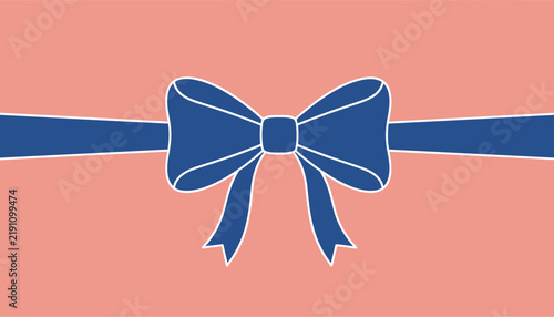 Elegant blue gift ribbon tied into a classic neat bow extending horizontally on a solid coral pink background.