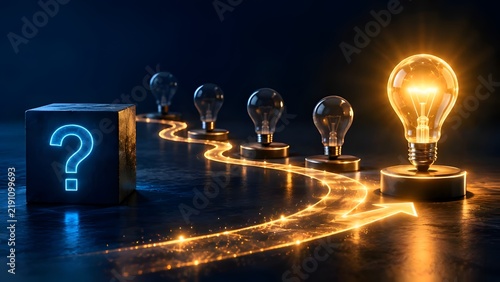 Glowing light bulb with a glowing question mark block representing the journey of creative ideas problem solving and finding solutions