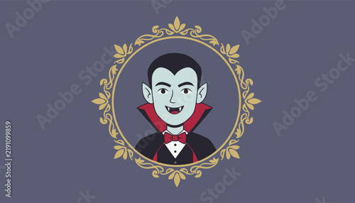 Cartoon vampire portrait character with fangs and red collar framed inside a decorative golden circular wreath.