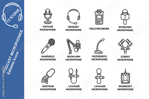 Podcast Microphone Editable Line Icon Set