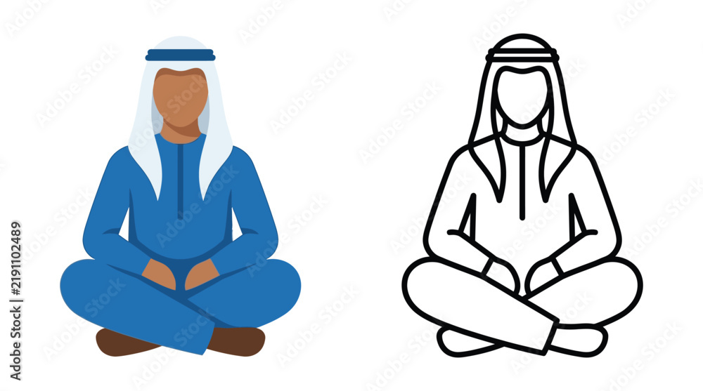 Fototapeta premium Man in traditional arabic clothing sits in a lotus position vector illustration