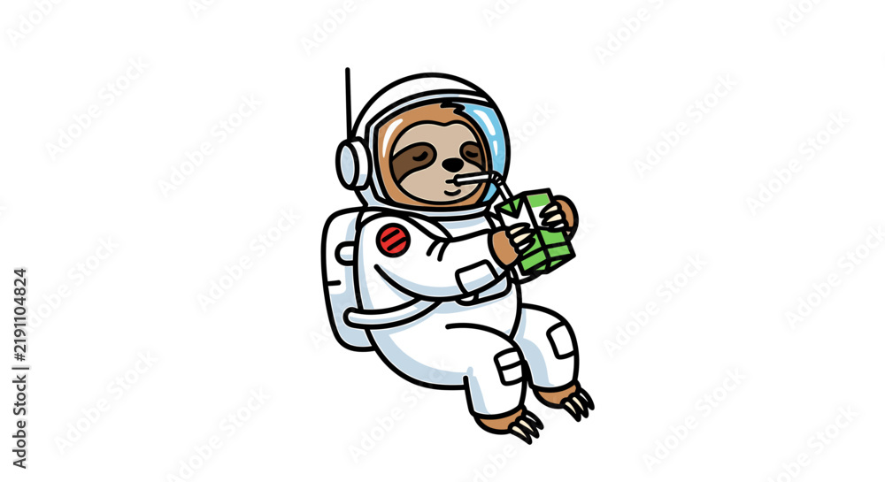 Fototapeta premium Sloth astronaut floating in space drinking juice.