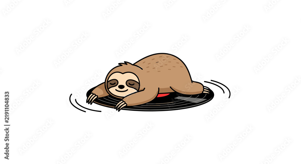 Fototapeta premium Sloth lying on a spinning vinyl record player.