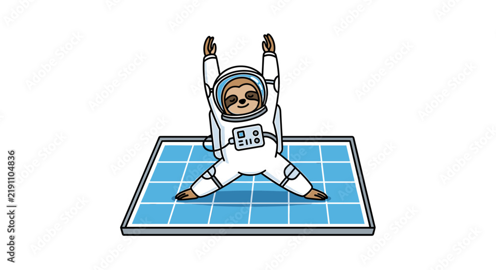 Fototapeta premium Sloth astronaut performing yoga on a platform.