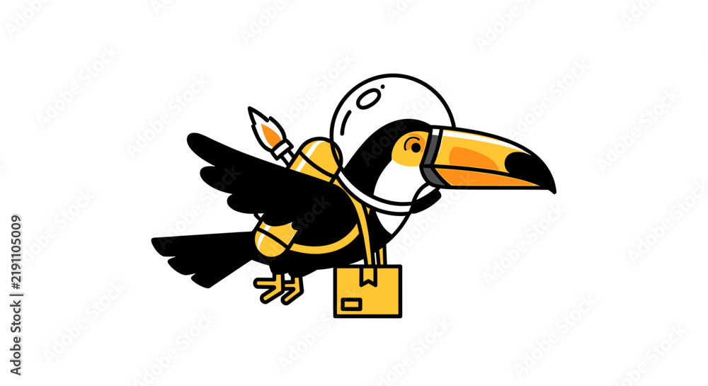 Obraz premium Toucan astronaut flying with jetpack and package.
