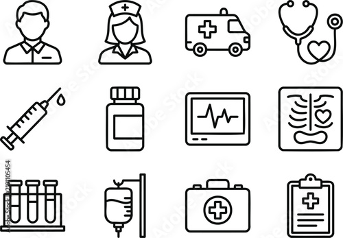 Set of medical and healthcare line icons including doctor, nurse, ambulance, stethoscope, syringe, medicine, heart monitor, xray, test tubes, iv drip, and first aid kit