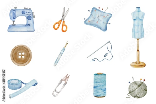 Foto Sewing tools watercolor set on white background