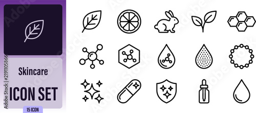 Set of 15 skincare and beauty line icons representing natural ingredients, chemical formulas, crueltyfree testing, and cosmetic product features