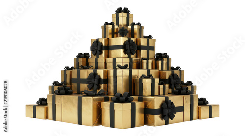 Large pyramid of gold gift boxes with black ribbons isolated on transparent background