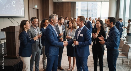 Business people shaking hands and networking during corporate event or conference party.