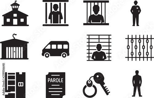 Prison and jail vector icons of inmate, guard, cell, transport van, keys, and parole paper