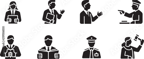 Professional occupation icons depicting business workers, security guards and court judge