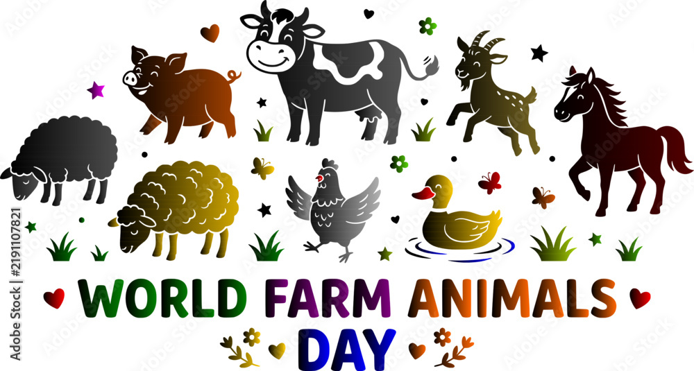 Fototapeta premium World Farm Animals Day vector illustration cute domestic animals group cow pig sheep goat horse hen duck with colorful typography isolated on white background