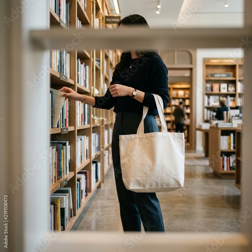 Young Woman with Blank Canvas Tote Bag Browsing Books in Modern Bookstore